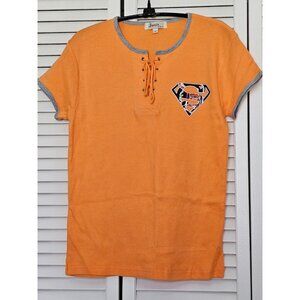 Women's Basix T-Shirt XL Orange "Super Tiger" Graphic Design Tie Front Women's